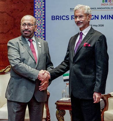 RECORD DATE NOT STATED BRICS Foreign Ministers Meeting New Delhi, May 15 (ANI): External Affairs Minister S Jaishankar meets Minister of State, Ministry of Foreign Affairs, UAE, Khalifa Shaheen Al Marar on the sidelines of BRICS Foreign Ministers Meeting, in New Delhi on Friday. (@DrSJaishankar X ANI Photo) NEW DELHI Delhi India Copyright: xANIx ANI_20260515265
