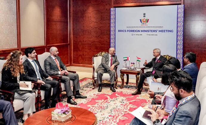 RECORD DATE NOT STATED BRICS Foreign Ministers Meeting New Delhi, May 15 (ANI): External Affairs Minister S Jaishankar meets Minister of State, Ministry of Foreign Affairs, UAE, Khalifa Shaheen Al Marar on the sidelines of BRICS Foreign Ministers Meeting, in New Delhi on Friday. (@DrSJaishankar X ANI Photo) NEW DELHI Delhi India Copyright: xANIx ANI_20260515267