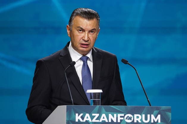 RUSSIA, REPUBLIC OF TATARSTAN - MAY 15, 2026: Tajikistan s Prime Minister Kokhir Rasulzoda addresses a plenary session titled From Points on the Map to Points of Growth: Uniting Technological and Financial Initiatives as part of the 17th international economic forum Russia – Islamic World: Kazanforum at the Kazan Expo Exhibition Centre in Bolshiye Kabany, southeast of Kazan. Yegor Aleyev TASS  92510763