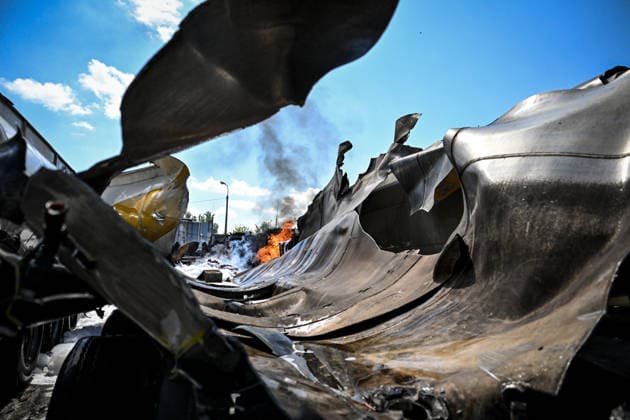 Tank trucks used by a private company to supply petrol station chains are damaged by a Russian drone attack in Zaporizhzhia, Ukraine, on May 15, 2026. Russian troops struck an industrial facility, damaging a fuel cistern and causing tank trucks to catch fire. One civilian employee (a driver) was killed, and three other company employees sustained serious injuries in the explosion. (Photo by Dmytro Smolienko Ukrinform) Russian troops strike fuel truck fleet in Zaporizhzhia  Copyright: xDmytroxSmolienkox