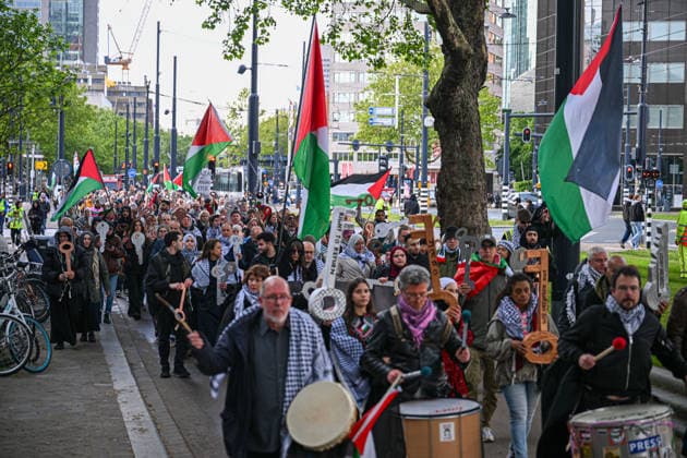 Demonstration in Rotterdam on Nakba Day ROTTERDAM, NETHERLANDS - MAY 15: Large crowds march through the streets of Rotterdam during a demonstration marking Nakba Day in Netherlands on May 15, 2026. The protest began at Schouwburgplein before moving through the city center in a silent procession. Mouneb Taim Anadolu Rotterdam Netherlands. Editorial use only. Please get in touch for any other usage.  Copyright: x2026xAnadoluxMounebxTaimx