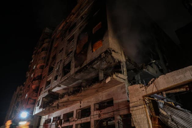 (260515) -- GAZA CITY, May 15, 2026 -- Photo taken on May 15, 2026 shows the damage caused to an apartment building following an Israeli airstrike in al-Rimal neighborhood in Gaza City. Seven Palestinians were killed and at least 50 others injured on Friday evening in Israeli strikes targeting a residential apartment and a vehicle in Gaza City, according to Palestinian medical sources. (Photo by Xinhua) MIDEAST-GAZA CITY-ISRAELI STRIKES-DAMAGE RizekxAbdeljawad 