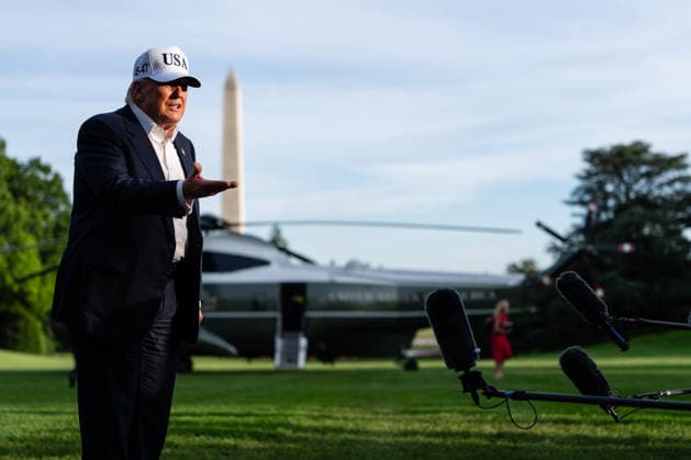 US President Donald Trump speaks to members of the media on the South Lawn of the White House after arriving on Marine One in Washington, DC on Friday, May 15, 2026. Donald Trump met Xi Jinping in Beijing s leadership compound on Friday, kickstarting a second day of talks that kept relations on an even keel but have yielded limited deals so far.  WAX20260515803 EricxLee