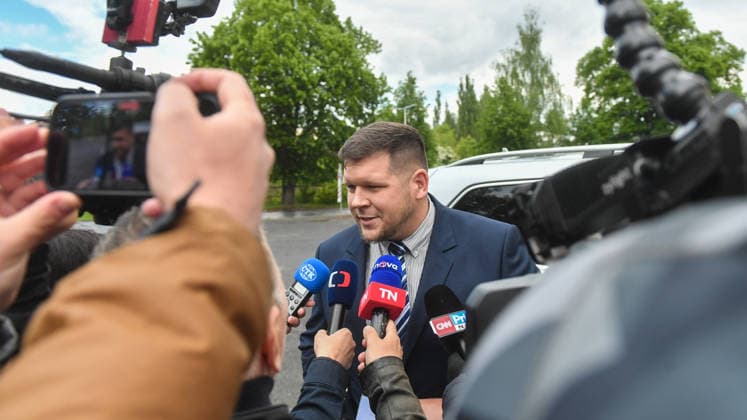 Defense attorney Vit Pavko, who represents a man accused of stealing a precious relic, the skull of Saint Zdislava of Lemberk, speaks to journalists at the district court in Ceska Lipa, Czech Republic, on May 16, 2026. The court did not remand suspected man in custody, which prosecutor requested for three reasons. (CTKxPhoto VitxCerny) CTKPhotoP2026051602717  CTKPhotoP2026051602717