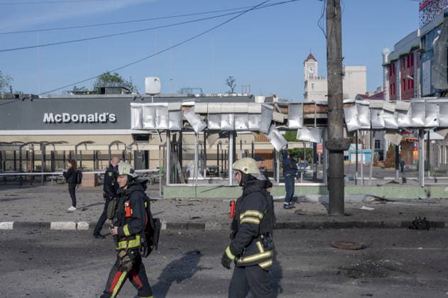 Aftermath of a Russian UAV strike on Kharkiv KHARKIV, UKRAINE - MAY 16: A view of the damage in the area after a Russian UAV strike on a avenue in central Kharkiv, Ukraine on May 16, 2026. The drone struck the road. Three subway exits, three public transportation stops, the trolleybus overhead wire system, and a trolleybus near a stop were damaged. One person was injured. Explosive ordnance disposal experts are on the scene, and municipal workers are clearing up the aftermath of the explosion. Serhii Masin Anadolu Kharkiv Ukraine. Editorial use only. Please get in touch for any other usage.  Copyright: x2026xAnadoluxSerhiixMasinx