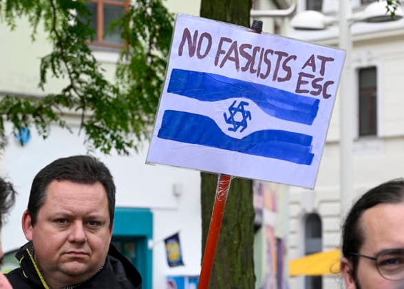 Activists protest against the participation of Israel ahead the Grand Final of the Eurovision Song Contest in Vienna, Austria, on May 16, 2026. - HEIKKI SAUKKOMAA Wien Austria  Copyright: xHeikkixSaukkomaax USfo379z68U