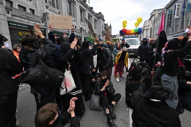 Brussels Pride Celebrates 30 Years BRUSSELS, BELGIUM - MAY 16: Protesters against the partiscipation of NV-A and MR to the Pride have to oppose the Police. The Pride march walks through the streets of the capital.This year marks the 30th anniversary of Pride in Brussels. Thirty years of struggle, pride and visibility for the LGBTQIA+ community. The theme chosen for 2026 reflects the challenges of a world in turmoil: When Times Get Darker, We Shine Brighter. A powerful and unifying message, more necessary than ever in a troubled international context where the rights of the LGBTQIA+ community are under constant threat.on May 16, 2026 in Brussels, Belgium, 16 05 2026 Brussels Belgium  Copyright: xBertxVanxDenxBrouckex