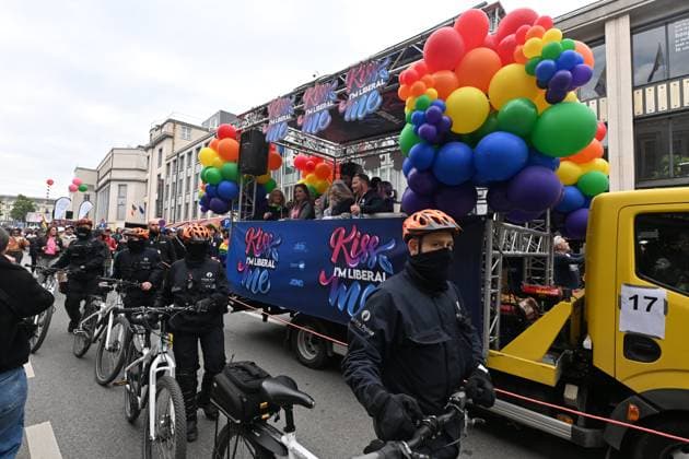 Brussels Pride Celebrates 30 Years BRUSSELS, BELGIUM - MAY 16: Protesters against the partiscipation of NV-A and MR to the Pride have to oppose the Police. The Pride march walks through the streets of the capital.This year marks the 30th anniversary of Pride in Brussels. Thirty years of struggle, pride and visibility for the LGBTQIA+ community. The theme chosen for 2026 reflects the challenges of a world in turmoil: When Times Get Darker, We Shine Brighter. A powerful and unifying message, more necessary than ever in a troubled international context where the rights of the LGBTQIA+ community are under constant threat.on May 16, 2026 in Brussels, Belgium, 16 05 2026 Brussels Belgium  Copyright: xBertxVanxDenxBrouckex