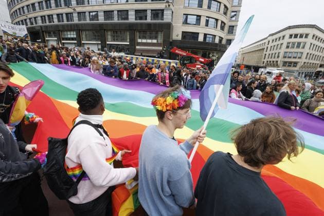 Illustration picture taken during the Brussels Pride parade through the streets of Brussels on Saturday 16 May 2026. Brussels Pride puts the LGBTQIA+ community in the spotlight by adorning the streets of Brussels with the colors of the rainbow.  NICOLASxMAETERLINCK 174058893