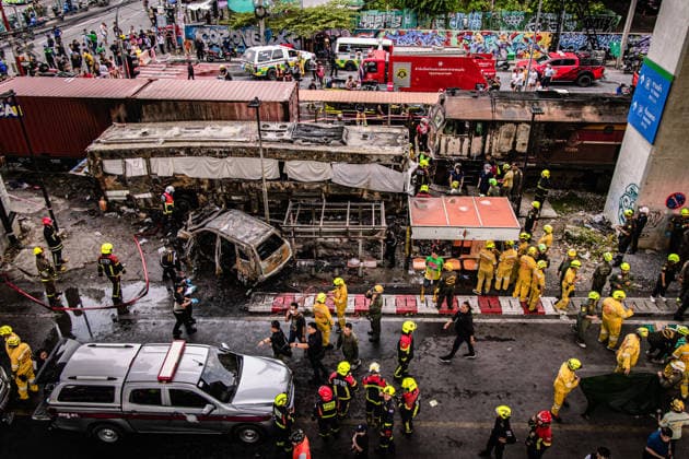 May 16, 2026, Bangkok, Bangkok, Thailand: May 16,2026,Bangkok,Thailand,General view of an accident site where a cargo train crashed with a public bus at the Makkasan airport rail link station. At least 8 people were killed and more than 25 people injured in the accident. Bangkok Thailand  - ZUMAw215 20260516_zip_w215_002 Copyright: xWissarutxWeerasoponx