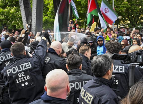 Nakba Day march in Berlin BERLIN, GERMANY - MAY 16: Police use pepper spray and detain several people during a solidarity march with Palestinians in Germany s capital, Berlin, held to mark the 78th anniversary of the Nakba, on May 16, 2026. Thousands gathered at Oranienplatz in the Kreuzberg district before marching toward the Sudstern subway station in the Neukolln district. Police, taking extensive security measures, halted the march near the Prinzenstrasse subway station and clamped down on the demonstration. During the ensuing scuffle, police deployed pepper spray against the demonstrators, leaving numerous protesters affected by the gas. Halil Sagirkaya Anadolu Berlin Germany. Editorial use only. Please get in touch for any other usa  Copyright: x2026xAnadoluxHalilxSagirkayax