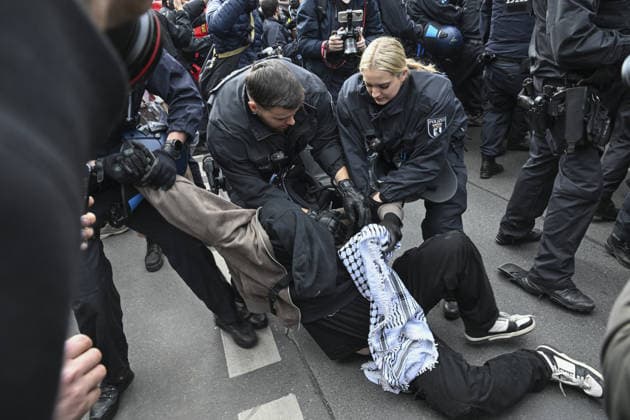 Nakba Day march in Berlin BERLIN, GERMANY - MAY 16: Police detain several people during a solidarity march with Palestinians in Germany s capital, Berlin, held to mark the 78th anniversary of the Nakba, on May 16, 2026. Thousands gathered at Oranienplatz in the Kreuzberg district before marching toward the Sudstern subway station in the Neukolln district. Police, taking extensive security measures, halted the march near the Prinzenstrasse subway station and clamped down on the demonstration. During the ensuing scuffle, police deployed pepper spray against the demonstrators, leaving numerous protesters affected by the gas. Halil Sagirkaya Anadolu Berlin Germany. Editorial use only. Please get in touch for any other usage.  Copyright: x2026xAnadoluxHalilxSagirkayax