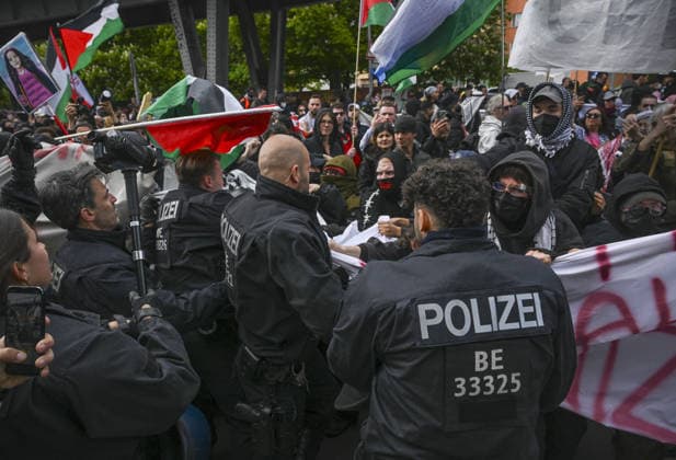 Nakba Day march in Berlin BERLIN, GERMANY - MAY 16: Police detain several people during a solidarity march with Palestinians in Germany s capital, Berlin, held to mark the 78th anniversary of the Nakba, on May 16, 2026. Thousands gathered at Oranienplatz in the Kreuzberg district before marching toward the Sudstern subway station in the Neukolln district. Police, taking extensive security measures, halted the march near the Prinzenstrasse subway station and clamped down on the demonstration. During the ensuing scuffle, police deployed pepper spray against the demonstrators, leaving numerous protesters affected by the gas. Halil Sagirkaya Anadolu Berlin Germany. Editorial use only. Please get in touch for any other usage.  Copyright: x2026xAnadoluxHalilxSagirkayax