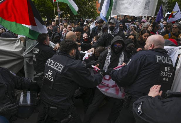 Nakba Day march in Berlin BERLIN, GERMANY - MAY 16: Police detain several people during a solidarity march with Palestinians in Germany s capital, Berlin, held to mark the 78th anniversary of the Nakba, on May 16, 2026. Thousands gathered at Oranienplatz in the Kreuzberg district before marching toward the Sudstern subway station in the Neukolln district. Police, taking extensive security measures, halted the march near the Prinzenstrasse subway station and clamped down on the demonstration. During the ensuing scuffle, police deployed pepper spray against the demonstrators, leaving numerous protesters affected by the gas. Halil Sagirkaya Anadolu Berlin Germany. Editorial use only. Please get in touch for any other usage.  Copyright: x2026xAnadoluxHalilxSagirkayax