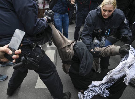 Nakba Day march in Berlin BERLIN, GERMANY - MAY 16: Police detain several people during a solidarity march with Palestinians in Germany s capital, Berlin, held to mark the 78th anniversary of the Nakba, on May 16, 2026. Thousands gathered at Oranienplatz in the Kreuzberg district before marching toward the Sudstern subway station in the Neukolln district. Police, taking extensive security measures, halted the march near the Prinzenstrasse subway station and clamped down on the demonstration. During the ensuing scuffle, police deployed pepper spray against the demonstrators, leaving numerous protesters affected by the gas. Halil Sagirkaya Anadolu Berlin Germany. Editorial use only. Please get in touch for any other usage.  Copyright: x2026xAnadoluxHalilxSagirkayax