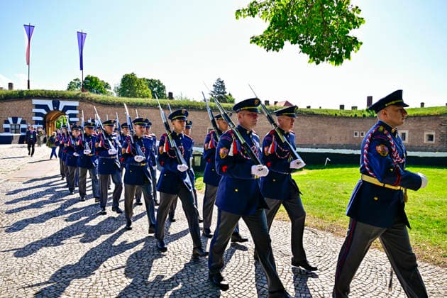 Commemorative gathering on victims of Nazi persecution on the occasion of the 81st anniversary of liberation took place at the Terezin Memorial, in Terezin, Czech Republic, on May 17, 2026. On the photo is seen Prague Castle Guard. (CTKxPhoto OndrejxHajek) CTKPhotoP2026051702392  CTKPhotoP2026051702392