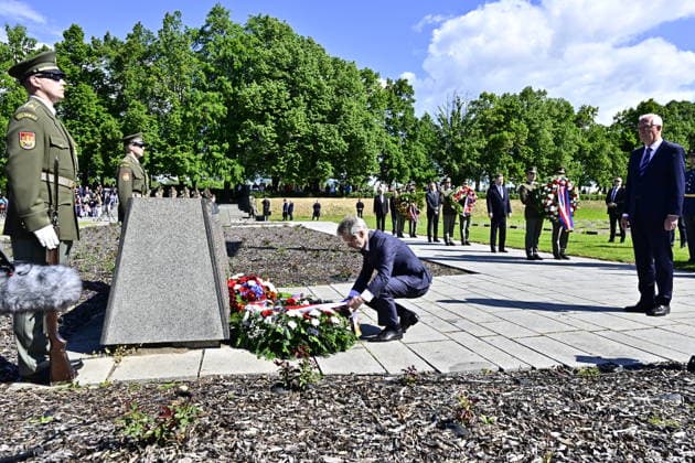 Commemorative gathering on victims of Nazi persecution on the occasion of the 81st anniversary of liberation took place at the Terezin Memorial, in Terezin, Czech Republic, on May 17, 2026. From left, Senate President Milos Vystrcil and Senate Vice President Jiri Drahos lay a wreath. (CTKxPhoto OndrejxHajek) CTKPhotoP2026051702409  CTKPhotoP2026051702409