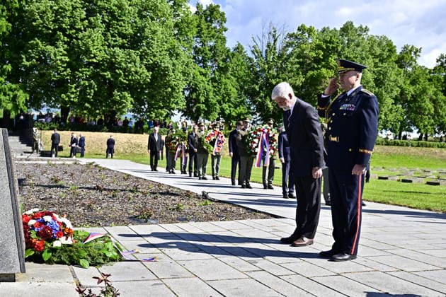 Commemorative gathering on victims of Nazi persecution on the occasion of the 81st anniversary of liberation took place at the Terezin Memorial, in Terezin, Czech Republic, on May 17, 2026. Czech President Petr Pavel (left) lays a wreath. On the right side is seen Chief of the Military Office of the President of the Republic Radek Hasala. (CTKxPhoto OndrejxHajek) CTKPhotoP2026051702399  CTKPhotoP2026051702399