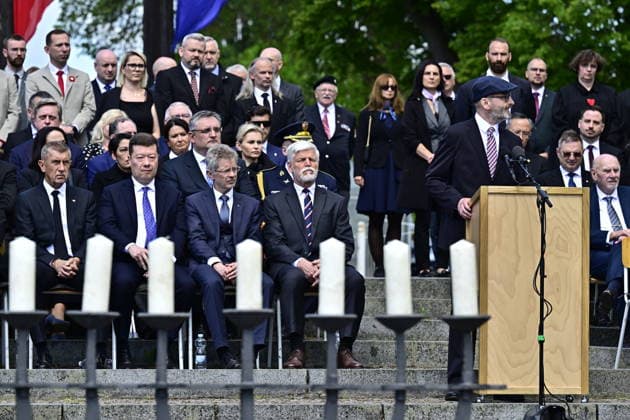 Commemorative gathering on victims of Nazi persecution on the occasion of the 81st anniversary of liberation took place at the Terezin Memorial, in Terezin, Czech Republic, on May 17, 2026. On the right is the director of the Terezin Memorial Jan Roubinek, then from the right is President Petr Pavel, Chairman of the Senate Milos Vystrcil, Chairman of the Chamber of Deputies Tomio Okamura, Prime Minister Andrej Babis. (CTKxPhoto OndrejxHajek) CTKPhotoP2026051702498  CTKPhotoP2026051702498