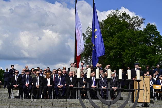 Commemorative gathering on victims of Nazi persecution on the occasion of the 81st anniversary of liberation took place at the Terezin Memorial, in Terezin, Czech Republic, on May 17, 2026. From right: President Petr Pavel, Senate President Milos Vystrcil, Chamber of Deputies President Tomio Okamura, Prime Minister Andrej Babis, Constitutional Court President Josef Baxa, Senator Jiri Drahos, Finance Minister Alena Schillerova, Culture Minister Oto Klempir. (CTKxPhoto OndrejxHajek) CTKPhotoP2026051702505  CTKPhotoP2026051702505
