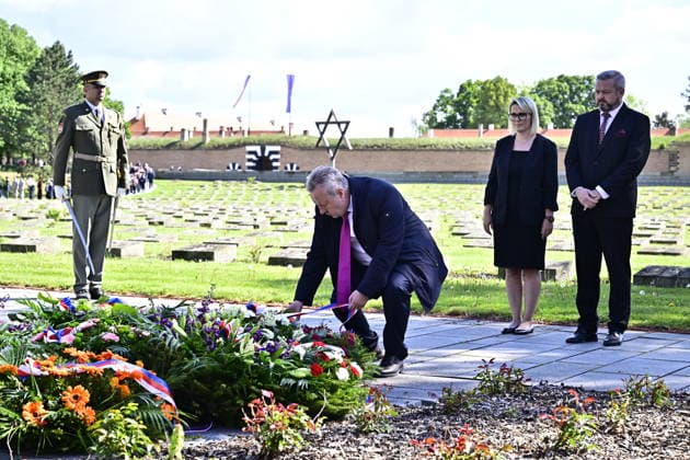 Commemorative gathering on victims of Nazi persecution on the occasion of the 81st anniversary of liberation took place at the Terezin Memorial, in Terezin, Czech Republic, on May 17, 2026. Governor of the Usti nad Labem Region Richard Brabec (middle) lays a wreath. (CTKxPhoto OndrejxHajek) CTKPhotoP2026051702508  CTKPhotoP2026051702508