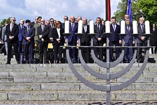 Commemorative gathering on victims of Nazi persecution on the occasion of the 81st anniversary of liberation took place at the Terezin Memorial, in Terezin, Czech Republic, on May 17, 2026. From right: President Petr Pavel, Senate President Milos Vystrcil, Chamber of Deputies President Tomio Okamura, Prime Minister Andrej Babis, Constitutional Court President Josef Baxa, Senator Jiri Drahos, Finance Minister Alena Schillerova, Culture Minister Oto Klempir. (CTKxPhoto OndrejxHajek) CTKPhotoP2026051702512  CTKPhotoP2026051702512