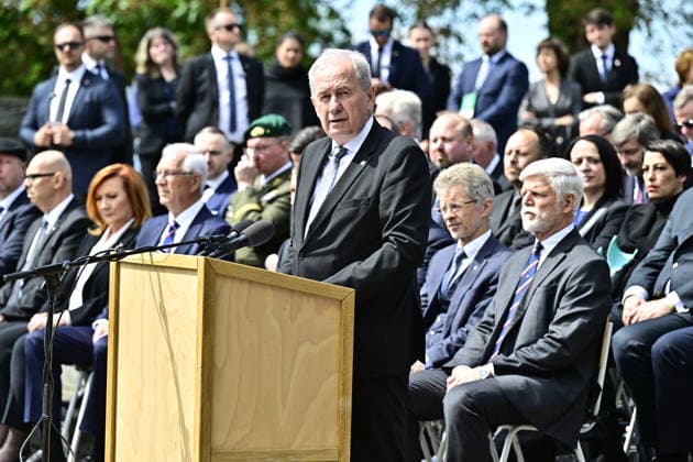 Commemorative gathering on victims of Nazi persecution on the occasion of the 81st anniversary of liberation took place at the Terezin Memorial, in Terezin, Czech Republic, on May 17, 2026. Constitutional Court President Josef Baxa giving a speech, followed from right by President Petr Pavel, Senate President Milos Vystrcil, Senator Jiri Drahos, Minister of Finance Alena Schillerova, Minister of Culture Oto Klempir. (CTKxPhoto OndrejxHajek) CTKPhotoP2026051702514  CTKPhotoP2026051702514