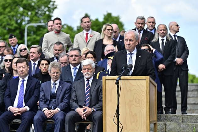 Commemorative gathering on victims of Nazi persecution on the occasion of the 81st anniversary of liberation took place at the Terezin Memorial, in Terezin, Czech Republic, on May 17, 2026. President of the Constitutional Court Josef Baxa giving a speech, followed from the right by President Petr Pavel, President of the Senate Milos Vystrcil, and President of the Chamber of Deputies Tomio Okamura. (CTKxPhoto OndrejxHajek) CTKPhotoP2026051702516  CTKPhotoP2026051702516