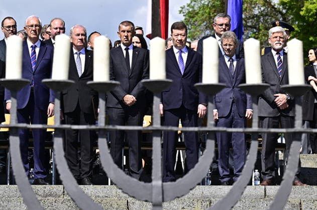 Commemorative gathering on victims of Nazi persecution on the occasion of the 81st anniversary of liberation took place at the Terezin Memorial, in Terezin, Czech Republic, on May 17, 2026. From right: President Petr Pavel, Senate President Milos Vystrcil, Chamber of Deputies President Tomio Okamura, Prime Minister Andrej Babis, Constitutional Court President Josef Baxa, Senator Jiri Drahos. (CTKxPhoto OndrejxHajek) CTKPhotoP2026051702519  CTKPhotoP2026051702519