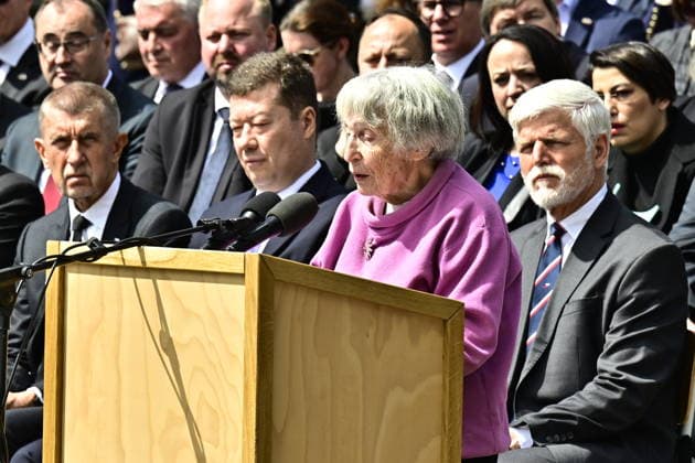 Commemorative gathering on victims of Nazi persecution on the occasion of the 81st anniversary of liberation took place at the Terezin Memorial, in Terezin, Czech Republic, on May 17, 2026. Terezin ghetto survivor Michaela Vidlakova giving a speech, and from right, President Petr Pavel, Speaker of the Chamber of Deputies Tomio Okamura, Prime Minister Andrej Babis. (CTKxPhoto OndrejxHajek) CTKPhotoP2026051702523  CTKPhotoP2026051702523