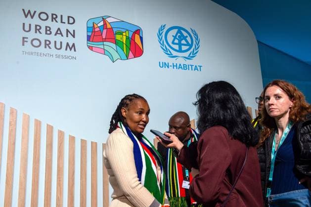 (260517) -- BAKU, May 17, 2026 -- A representative receives a media interview during the 13th Session of the World Urban Forum (WUF 13) in Baku, Azerbaijan, May 17, 2026. The WUF 13 opened on Sunday, with global leaders, policymakers and urban experts gathering to discuss the challenges of rapid urbanization and sustainable city development. ) AZERBAIJAN-BAKU-WORLD URBAN FORUM-OPEN ChenxJunfeng 
