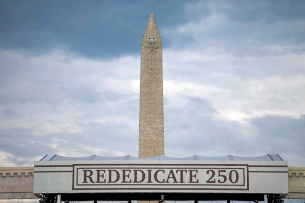 The Washington Monument is seen with the Rededicate 250 stage on the National Mall in Washington, DC on Sunday, May 17, 2026. The event, organized by Freedom 250 and the White House Faith Office, will feature political and faith leaders honoring 250 years of American history and encourage prayer or the country s next 250 years.  WAP20260517315 BONNIExCASH