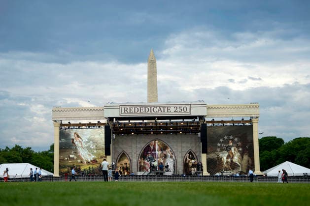 The Washington Monument is seen with the Rededicate 250 stage on the National Mall in Washington, DC on Sunday, May 17, 2026. The event, organized by Freedom 250 and the White House Faith Office, will feature political and faith leaders honoring 250 years of American history and encourage prayer or the country s next 250 years.  WAP20260517317 BONNIExCASH