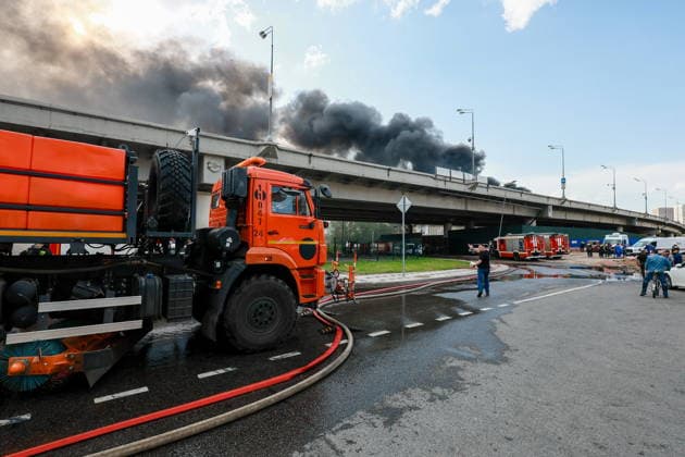 RUSSIA, MOSCOW - MAY 17, 2026: Emergency units respond to a fire near Cherkizovskaya station of the Moscow Metro. Vladimir Smirnov TASS  92625786