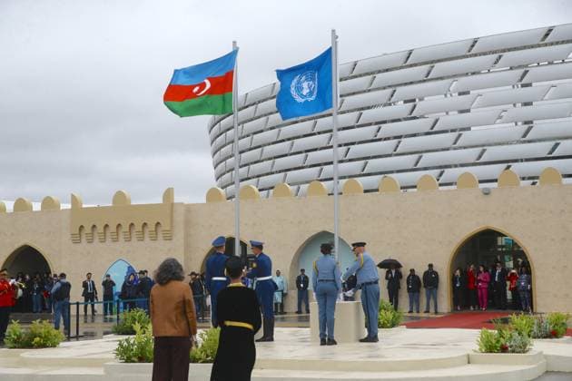 13th World Urban Forum in Baku BAKU, AZERBAIJAN - MAY 17: Officials attend a flag-raising ceremony as the 13th World Urban Forum begins in Baku, Azerbaijan, on May 17, 2026. The forum, organized by the United Nations Human Settlements Programme, opened as UN-Habitat Executive Director Anaclaudia Rossbach and Azerbaijan State Committee on Urban Planning and Architecture Chairman Anar Guliyev raised the United Nations and Azerbaijan flags. Resul Rehimov Anadolu Baku Azerbaijan. Editorial use only. Please get in touch for any other usage.  Copyright: x2026xAnadoluxResulxRehimovx