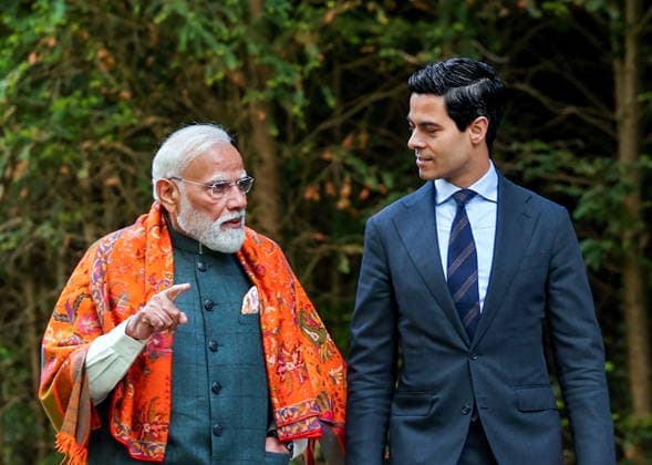 RECORD DATE NOT STATED PM Modi and PM of the Netherlands Rob Jetten during a walk in the gardens, in The Hague The Hague Netherlands , May 17 (ANI): Prime Minister Narendra Modi and Prime Minister of the Netherlands Rob Jetten during a walk in the gardens, in The Hague on Saturday. (DPR PMO ANI Photo) The Hague The Hague Netherlands Copyright: xANIx ANI_20260517002