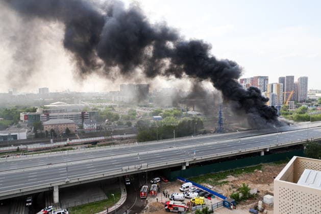 RUSSIA, MOSCOW - MAY 17, 2026: Smoke billows from a fire near Cherkizovskaya station of the Moscow Metro. Sergei Shakhidzhanyan TASS  92629394