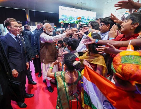 RECORD DATE NOT STATED PM Modi arrives to a warm welcome in Sweden Gothenburg Sweden , May 17 (ANI): Prime Minister Narendra Modi witnesses a reception by the Indian diaspora, in Gothenburg on Sunday. Sweden Prime Minister Ulf Kristersson also present. (@MEAIndia X ANI Photo) Gothenburg Sweden Copyright: xANIx ANI_20260517413