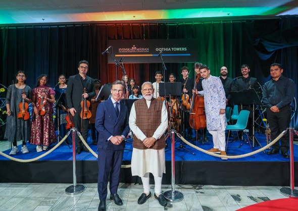 RECORD DATE NOT STATED PM Modi arrives to a warm welcome in Sweden Gothenburg Sweden , May 17 (ANI): Prime Minister Narendra Modi witnesses a cultural performance during his reception by the Indian diaspora, in Gothenburg on Sunday. Sweden Prime Minister Ulf Kristersson also present. (Narendra Modi Photo gallery ANI Photo) Gothenburg Sweden Copyright: xANIx ANI_20260517442