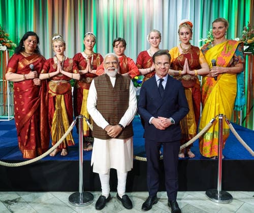RECORD DATE NOT STATED PM Modi arrives to a warm welcome in Sweden Gothenburg Sweden , May 17 (ANI): Prime Minister Narendra Modi witnesses a cultural performance during his reception by the Indian diaspora, in Gothenburg on Sunday. Sweden Prime Minister Ulf Kristersson also present. (Narendra Modi Photo gallery ANI Photo) Gothenburg Sweden Copyright: xANIx ANI_20260517443