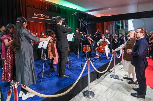 RECORD DATE NOT STATED PM Modi arrives to a warm welcome in Sweden Gothenburg Sweden , May 17 (ANI): Prime Minister Narendra Modi witnesses a cultural performance during his reception by the Indian diaspora, in Gothenburg on Sunday. Sweden Prime Minister Ulf Kristersson also present. (Narendra Modi Photo gallery ANI Photo) Gothenburg Sweden Copyright: xANIx ANI_20260517444