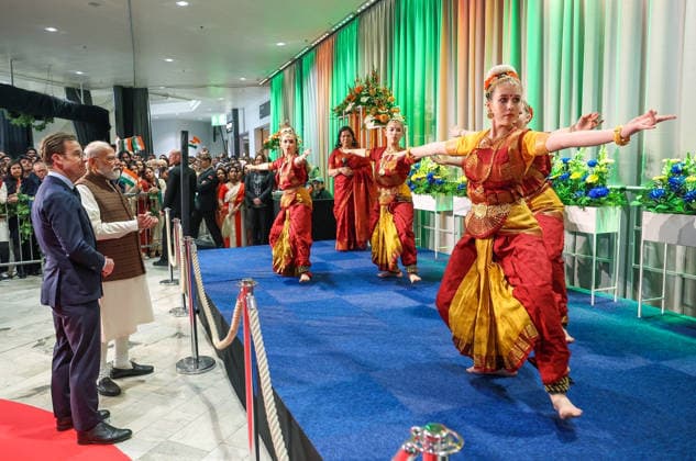 RECORD DATE NOT STATED PM Modi arrives to a warm welcome in Sweden Gothenburg Sweden , May 17 (ANI): Prime Minister Narendra Modi witnesses a cultural performance during his reception by the Indian diaspora, in Gothenburg on Sunday. Sweden Prime Minister Ulf Kristersson also present. (Narendra Modi Photo gallery ANI Photo) Gothenburg Sweden Copyright: xANIx ANI_20260517445