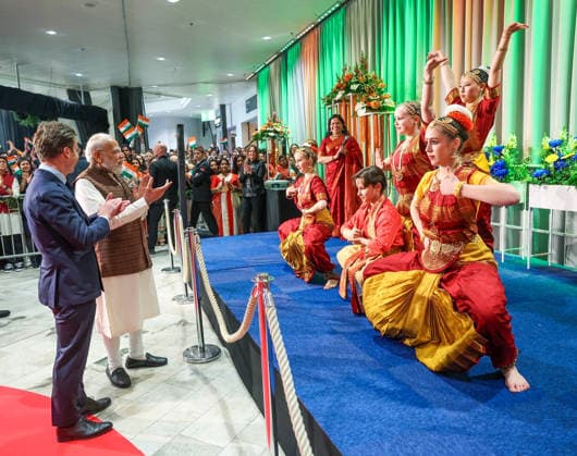 RECORD DATE NOT STATED PM Modi arrives to a warm welcome in Sweden Gothenburg Sweden , May 17 (ANI): Prime Minister Narendra Modi witnesses a cultural performance during his reception by the Indian diaspora, in Gothenburg on Sunday. Sweden Prime Minister Ulf Kristersson also present. (Narendra Modi Photo gallery ANI Photo) Gothenburg Sweden Copyright: xANIx ANI_20260517446