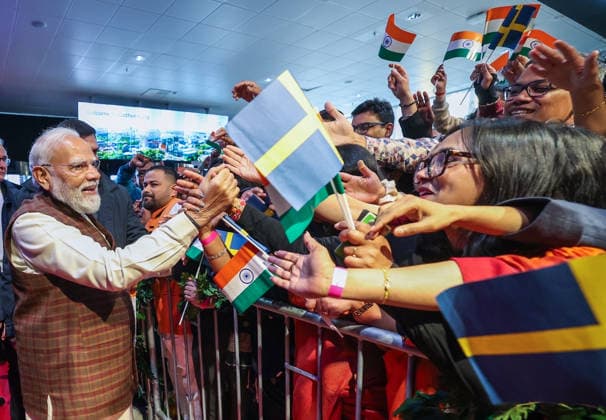RECORD DATE NOT STATED PM Modi arrives to a warm welcome in Sweden Gothenburg Sweden , May 17 (ANI): Prime Minister Narendra Modi witnesses a reception by the Indian diaspora, in Gothenburg on Sunday. Sweden Prime Minister Ulf Kristersson also present. (Narendra Modi Photo gallery ANI Photo) Gothenburg Sweden Copyright: xANIx ANI_20260517463