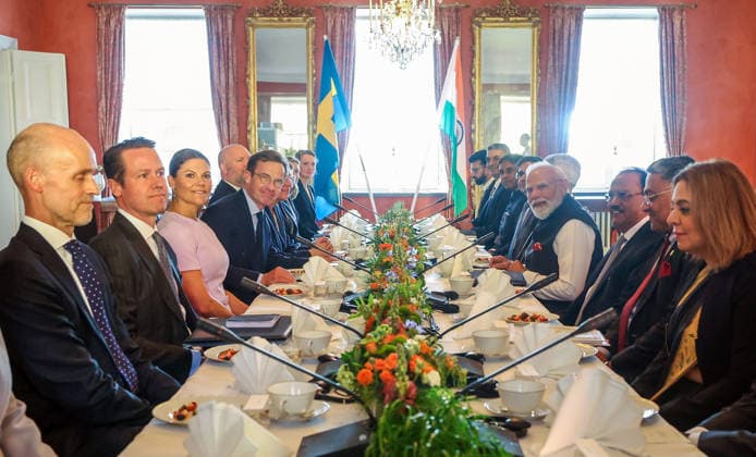 RECORD DATE NOT STATED PM Modi attends delegation-level talks between India and Sweden Gothenburg Sweden , May 17 (ANI): Prime Minister Narendra Modi attends delegation-level talks with Prime Minister of Sweden, Ulf Kristersson, in Gothenburg on Sunday. (DPR PMO ANI Photo) Gothenburg Sweden Copyright: xANIx ANI_20260517499