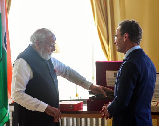 RECORD DATE NOT STATED PM Modi being conferred with Sweden s Royal Order of Polar Star Gothenburg Sweden , May 17 (ANI): Prime Minister Narendra Modi interacts with Prime Minister of Sweden, Ulf Kristersson, as he being conferred with Sweden s Royal Order of Polar Star, the highest honour awarded to a Head of Government by the Scandinavian nation, in Gothenburg on Sunday. (DD ANI Video Grab) Gothenburg Sweden Copyright: xANIx ANI_20260517511