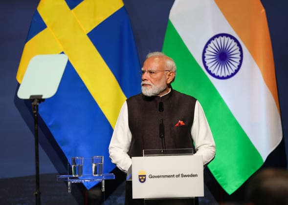 Indian Prime Minister Narendra Modi during a press conference at World of Volvo in Gothenburg, Sweden, Sunday, May 17, 2026 Modi is in Sweden for bilateral meetings with the government and business community GÖTEBORG SWEDEN x9200x  Copyright: xAdamxIhse TTx INDIAN PRIME MINISTER IN GOTHENBURG PoVdAtNFel4