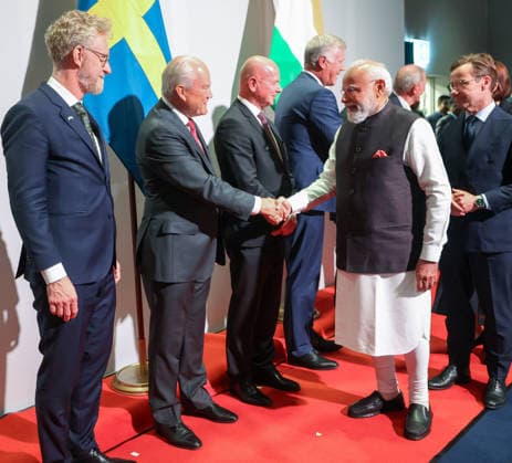 Politics, Diplomacy, Government Strengthening India Sweden ties, PM Modi met Robert Maersk Uggla and interacted with leading Swedish CEOs in Gothenburg, Sweden. PM Modi engages with top Swedish industry leaders during his visit to Sweden, focusing on trade, innovation and global partnerships. Sweden Copyright: xSeshadrixSukumarx
