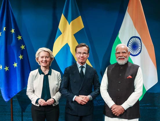Prime Minister Narendra Modi poses for a picture with Prime Minister of Sweden Ulf Kristersson and European Commission President Ursula von der Leyen Gothenburg Sweden , May 17 (ANI): Prime Minister Narendra Modi poses for a picture with Prime Minister of Sweden Ulf Kristersson and European Commission President Ursula von der Leyen, in Gothenburg on Sunday. (DPR PMO ANI Photo) gothenburg sweden Copyright: xANIx ANI_20260517557