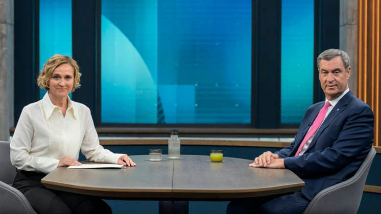 in the picture from l Caren Miosga, Markus Söder, Prime Minister Bavaria, CSU, GER, Berlin, Studio, guest of Caren Miosga, Polittalk, TV, format, recording, Das Erste, recorded, from Adlershof at Studio 20, topic Copyright: HMBxMedia UwexKoch